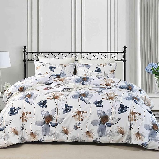 Nanko Blue Floral Duvet Cover Set Queen Size, Beige Tan Flower Leaf Print Pattern, Soft Microfiber Reversible Comforter Bedding Cover with Zip Ties - Spring Farmhouse for Women Men, 3 Pcs 90 x 90
