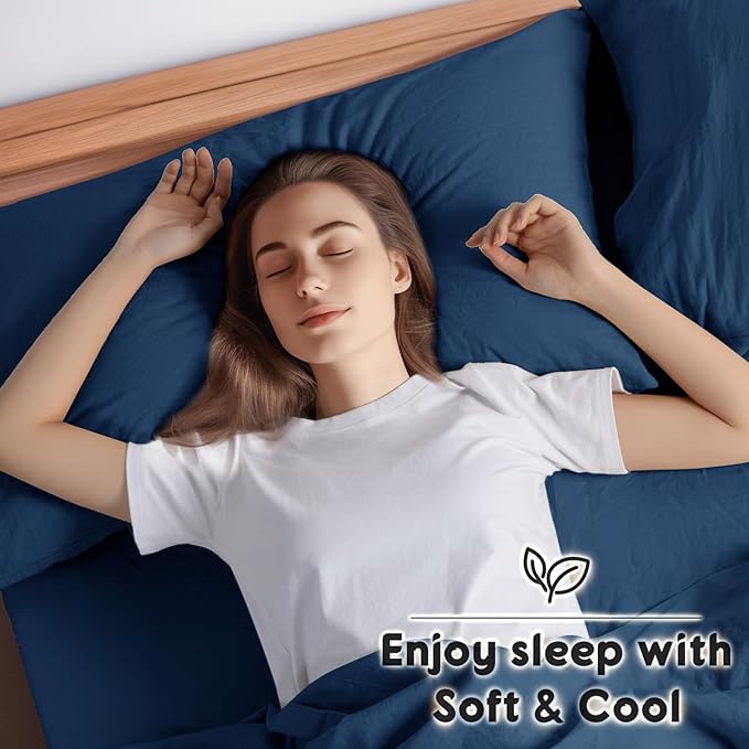 SONORO KATE 100% French Pure Linen Sheets, Breathable and Durable Line Sheets, Anti-Tear Line Bed Sheets, Machine Washable, 16 Inch Deep Pocket - 4 Piece (Navy Blue, California King)