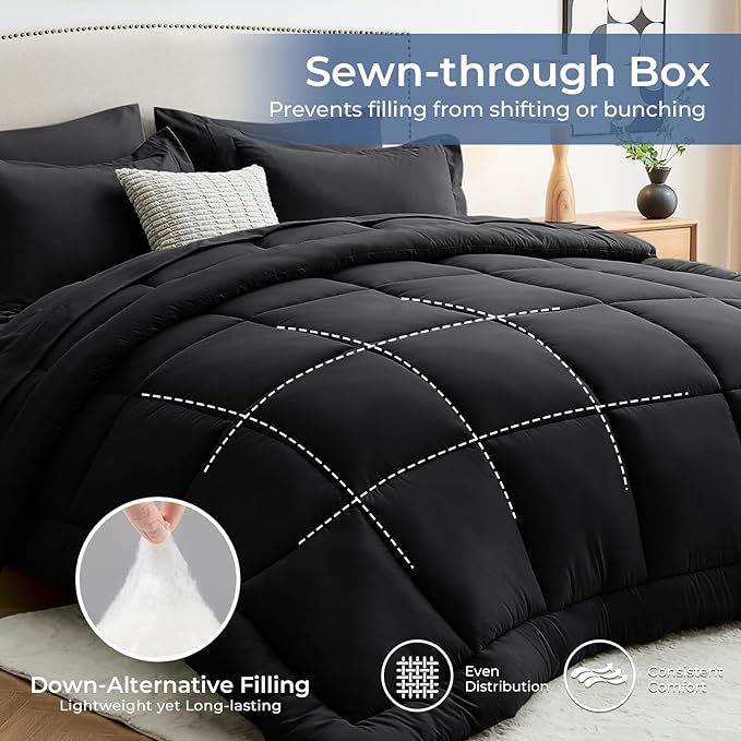 Sasttie Oversized King Comforter Set, 7 Pieces Extra Large Bed in a Bag, Complete Bedding Set Includes 120''x98'' Comforter, Flat Sheet, Fitted Sheet, Pillowcases and Pillow Shams, Black