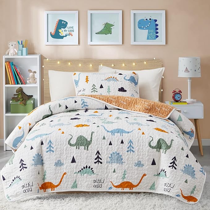 Joyreap 2-Piece Cotton Quilt Set Twin, Cute Dinosaur Reversible Design for Kids Boys n Girls, Breathable Skin-friendly Quilt Bedspread Bed Cover for All Season, 1 Quilt and 1 Pillow Sham- 68x86 inches