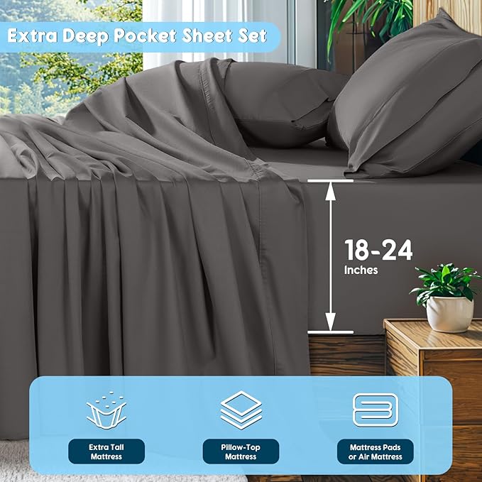 SONORO KATE 100% Egyptian Cotton Sheets Set, Extra Deep Pocket up to 18"-24",1000 High Thread Count, Soft & Breathable 5-Star Hotel Sateen Bed Sheets - 4 PC (Dark Grey,King)