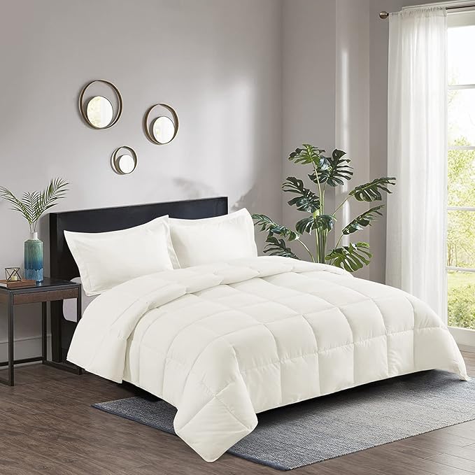 HIG 3pc Down Alternative Comforter Set - All Season Reversible Comforter with Two Shams - Quilted Duvet Insert with Corner Tabs - Box Stitched - Super Soft, Fluffy (Full/Queen, Ivory)