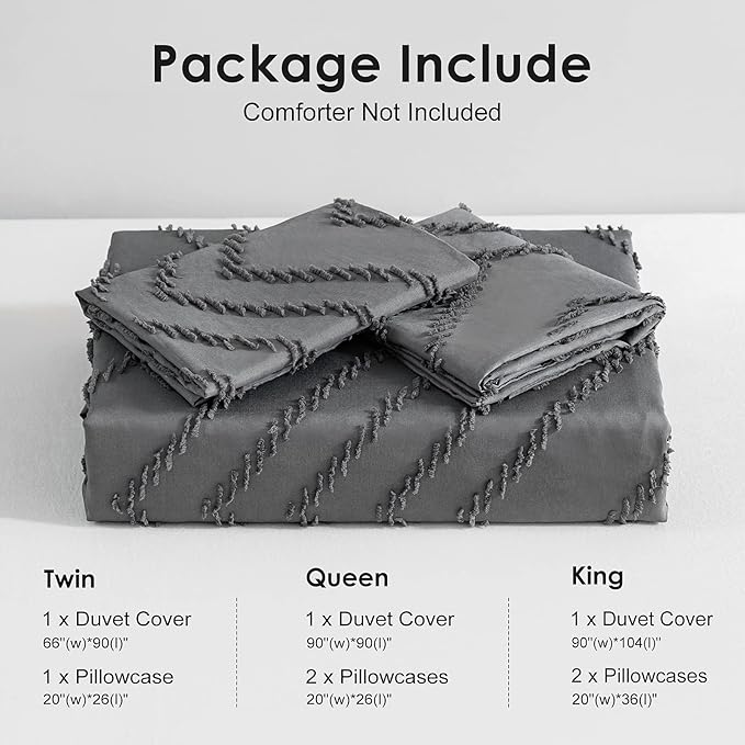 WARMDERN Boho Duvet Cover Set, Tufted Bedding Duvet Covers Soft Washed Microfiber Duvet Cover King Size, 3 Pieces Embroidery Shabby Chic Duvet Cover with Zipper Closure(Grey, King)