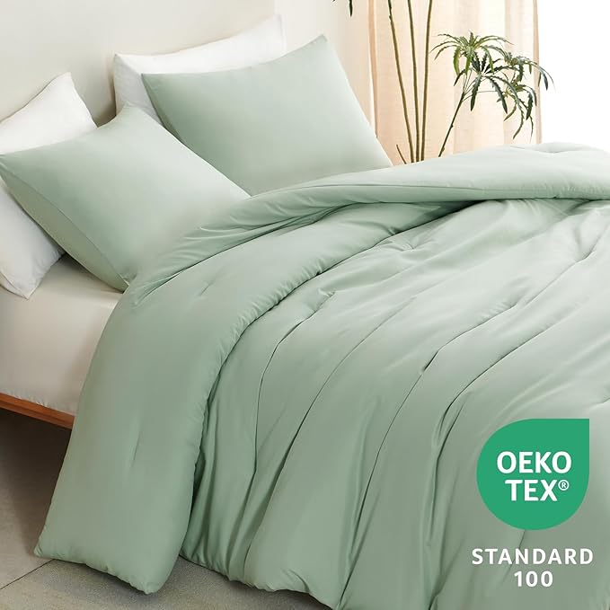 CozyLux Sage Green Full Size Comforter Set, 3 Pieces Solid Breathable Quilted Bedding Sets, Luxury Fluffy Soft Bed Set with Down Alternative Comforter for All Season (1 Comforter & 2 Pillowcases)