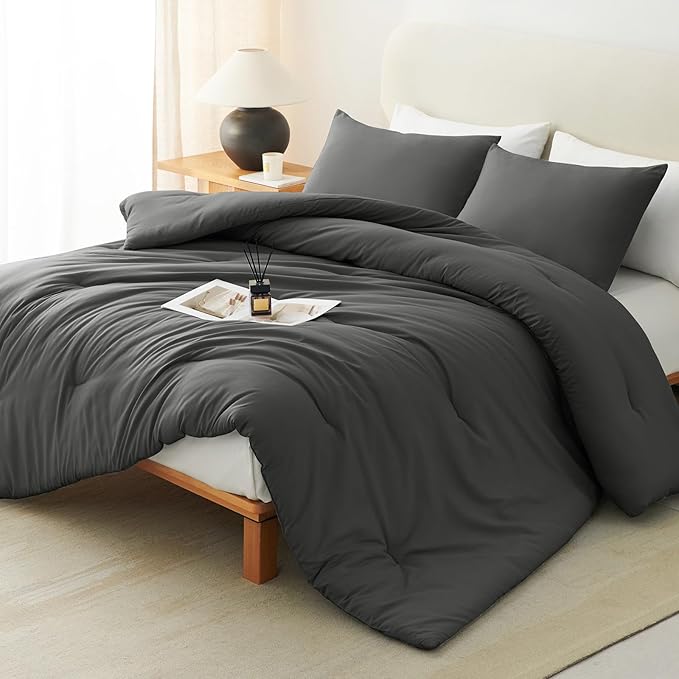CozyLux King Size Comforter Set Dark Grey, 3 Pieces Solid Dark Gray Breathable Quilted Style Bedding Sets, Luxury Soft Microfiber Down Alternative Comforter Bed Set (1 Comforter & 2 Pillowcases)