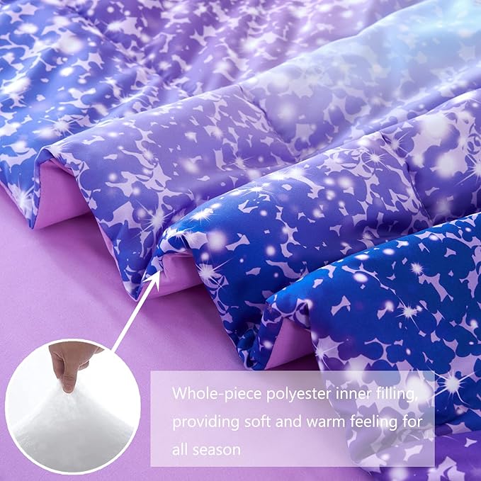 PERFEMET Girls Bed in A Bag Queen Size Colorful Rainbow Queen Comforter Set with Sheets Tie Dye Fluffy Bedding Set for Teen Girl Women 3D Glitter Ombre Bed Sets (Purple Pink, Queen)