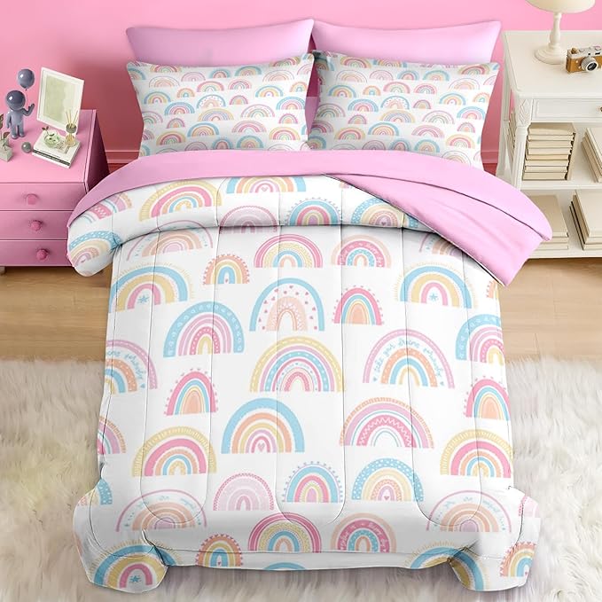 Comforter Set Twin Size, Cute Cartoon Rainbow 5 Pcs Bedding for Kids and Adults, Pink Boho Nursery Bed Sheet Sets with Fitted Sheet Pillowcase & Sham for Bedroom Bed Decor