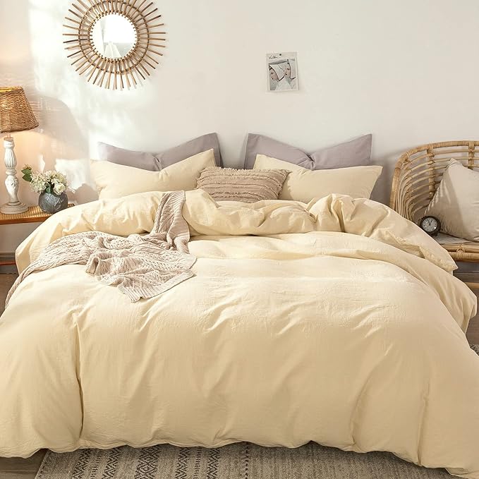 MooMee Bedding Duvet Cover Set 100% Washed Cotton Linen Like Textured Breathable Durable Soft Comfy (Heathered Light Yellow, Queen 90"x90")