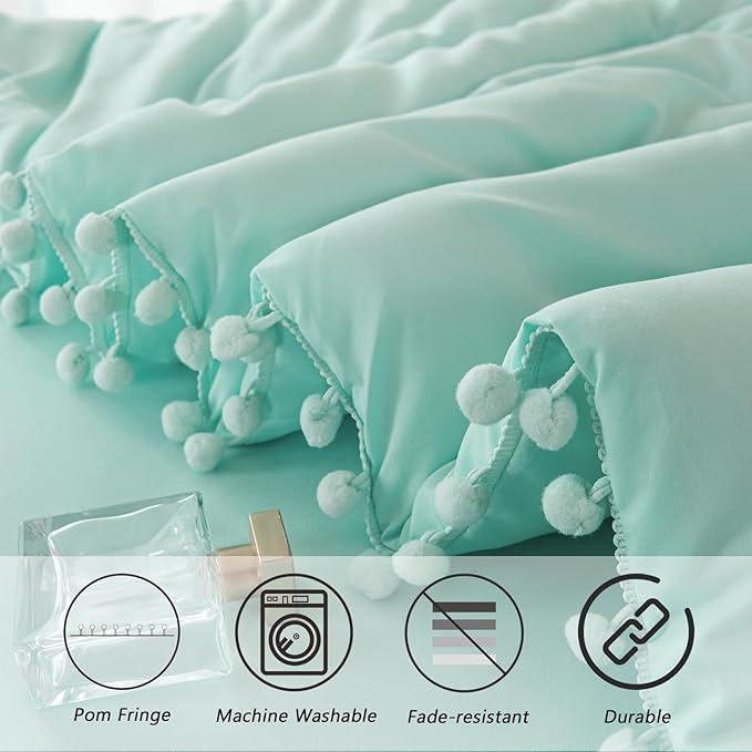 PERFEMET Mint Green Comforter Twin Size 5 Piece Bed in A Bag Set Boho Pom Pom Girls Bedding Comforter Set Soft Fluffy Kids Solid Bed Set with Sheet(Mint Green, Twin)