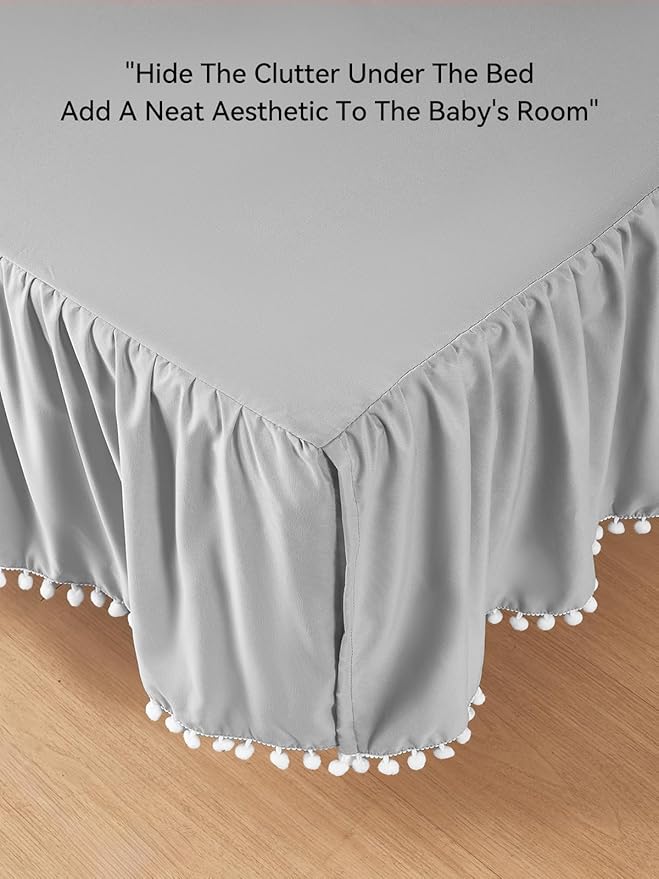 TILLYOU Baby Crib Skirt Girls Boys, Ruffled Bed Skirt with Pompoms, 28”x 52”, 14'' Drop, Gray