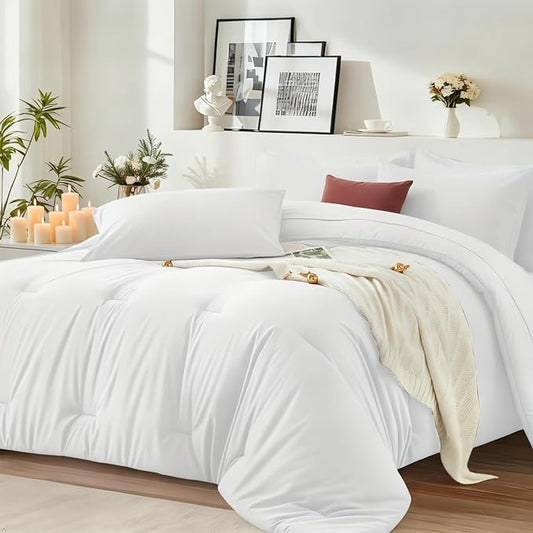 King Size Comforter Set 7 Pieces - White Soft Bed in a Bag King Bed Set, Cozy Luxury Bedding Sets with All Season Comforter, Flat Sheet, Fitted Sheet, 2 Pillowcases & 2 Shams