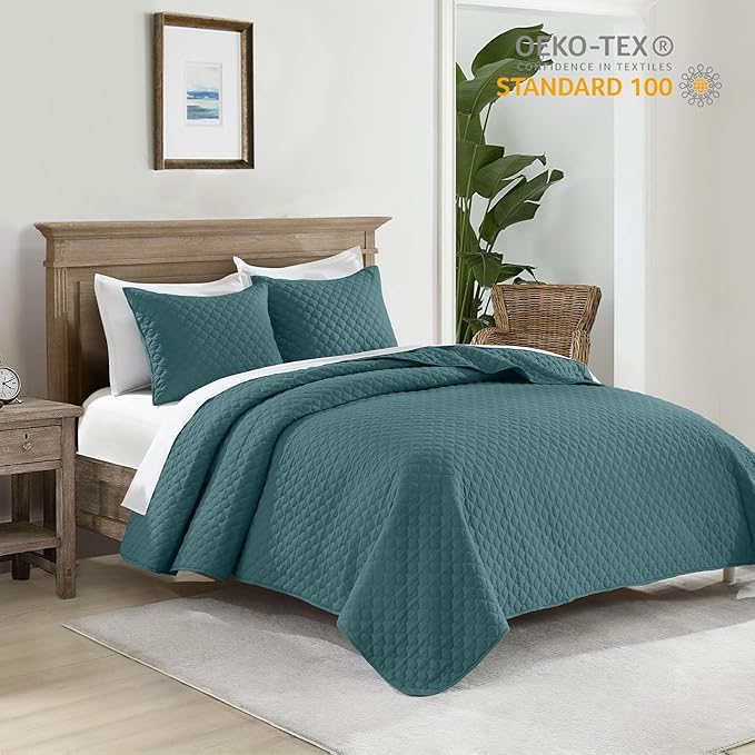 HORIMOTE HOME Quilt Queen Size Teal Blue, Lightweight Quilts for Summer Ultra-Soft Microfiber Modern Style Quilted Clouds Pattern Bedspread Quit Set 3 Pieces(1 Quilt and 2 Pillow Shams)