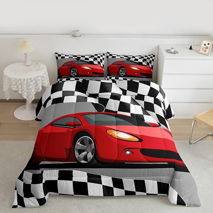 Feelyou Sports Car Bedding Set Red Racing Car Comforter for Kids Boys Girls Teens Extreme Sports Theme Comforter Set Race Sports Car Duvet Set Black and White Grid Room Decor Quilt Set Queen Size