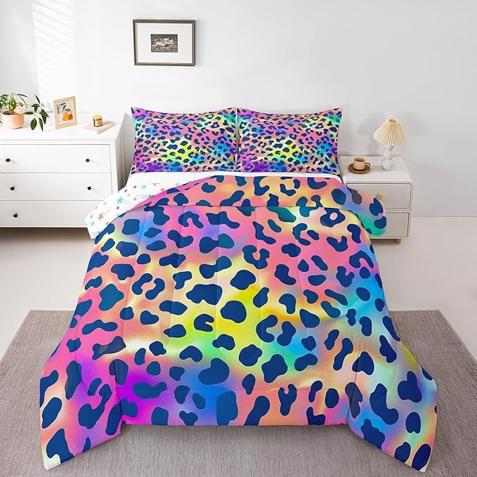 Feelyou Leopard Print Comforter Set Africa Cheetah Print Bedding Set Rainbow Leopard Design Comforter for All Season for Boys Girls Kids Women Room Decor Safari Animal Duvet Set Full Size Boys