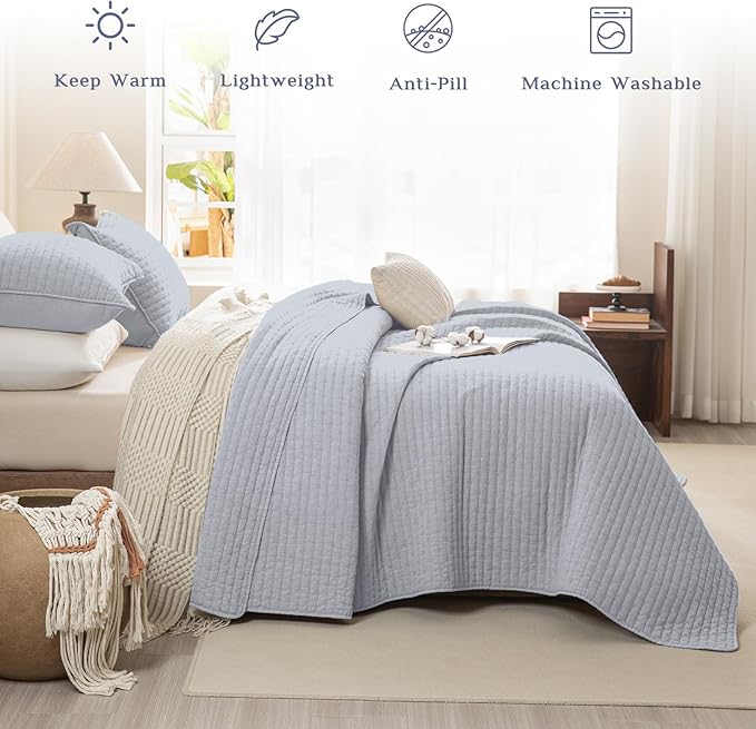 CozyTide Oversized King Bedspread 128"x120",Stone-Washed Cotton Light Blue Oversized King Quilt Bedding Set,Soft Lightweight Extra Large Farmhouse Boho Bedspread & Coverlet Sets 3 Pieces