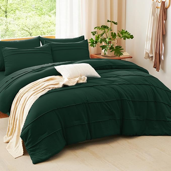 CozyLux King Size Comforter Set Emerald Green, 7 Pieces Soft Pinch Pleat Bed in a Bag King Comforter Set with Sheets, Bed Set with Down Alternative Comforter, Sheets, Pillowcases & Shams