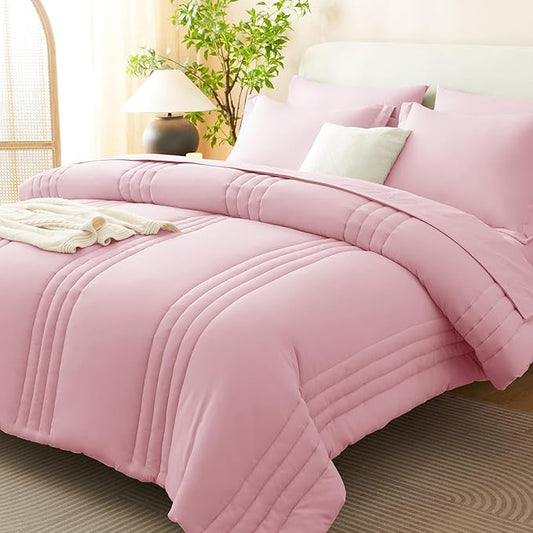 CozyLux Queen Comforter Set - 7 Pieces Bed in a Bag Pink Comforter Set with Sheets Luxury Bed Set All Seasons, Soft Bedding Set with Down Alternative Comforter, Sheets, Pillowcases & Shams