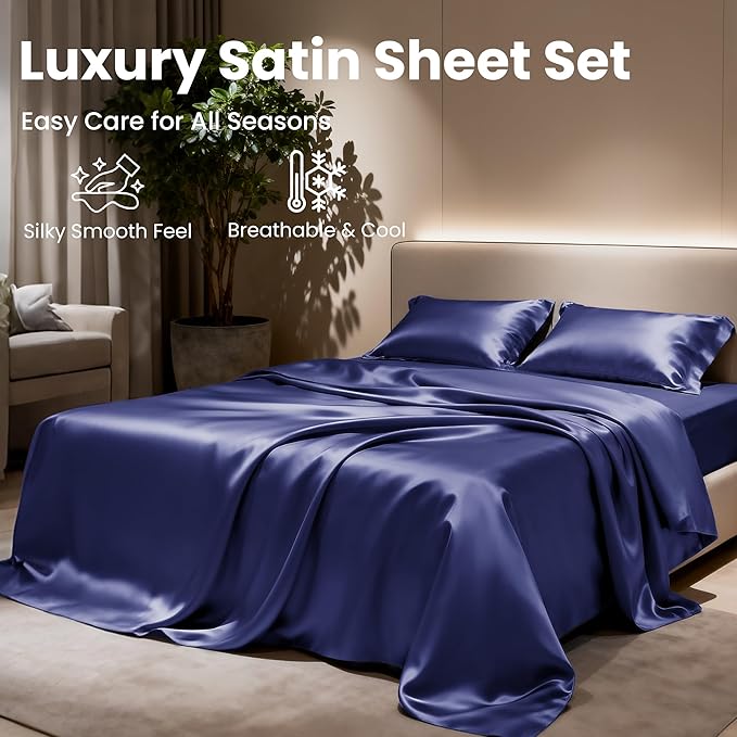 Love's cabin Twin Satin Sheet Sets - 3 Piece Navy Blue Silky Bed Sheets Twin with Deep Pockets, Luxury Silk Feel Satin Sheet Set Bedding Set (1 Flat Sheet,1 Fitted Sheet,1 Pillow case)