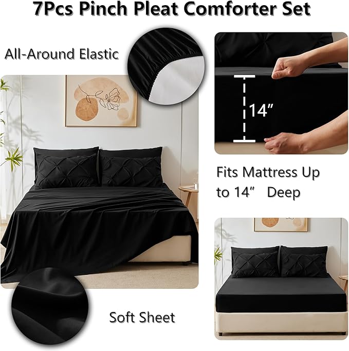 Oversized Queen Comforter Set Black, 7 Pieces Pintuck Bed in A Bag Oversized Queen Size Bedding, Soft Bed Set All Season Pinch Pleat Comforter Set with Sheets, Pillowcases & Shams