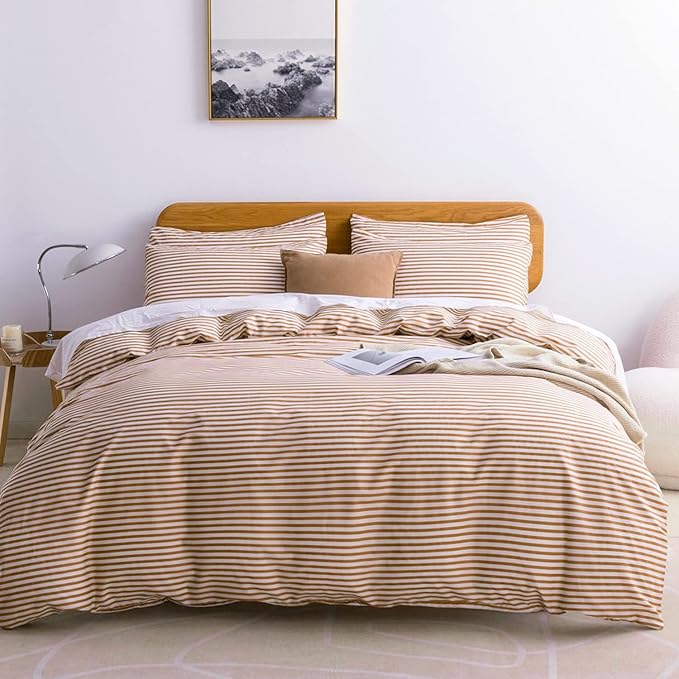 JELLYMONI King Duvet Cover Set, Cotton Duvet Cover 3 Pieces with Zipper Closure, 1 Duvet Cover and 2 Pillowcases(White with Rust Striped)