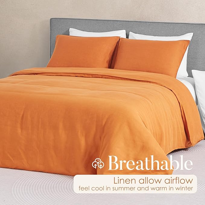 DAPU 100% Linen Duvet Cover Set - Pure Natural French Flax Linen with Corner Ties and Zipper Closure Soft Breathable Durable for Hot Sleepers 1 Duvet Cover 2 Pillowcases (Sunrise, King)
