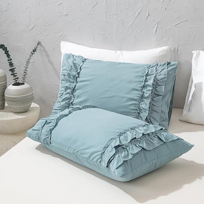 Grayish Blue Duvet Cover King Vintage Ruffled Bedding Shabby Chic Boho Bedroom Decor Super Soft All Season Ruffle Duvet Cover Set