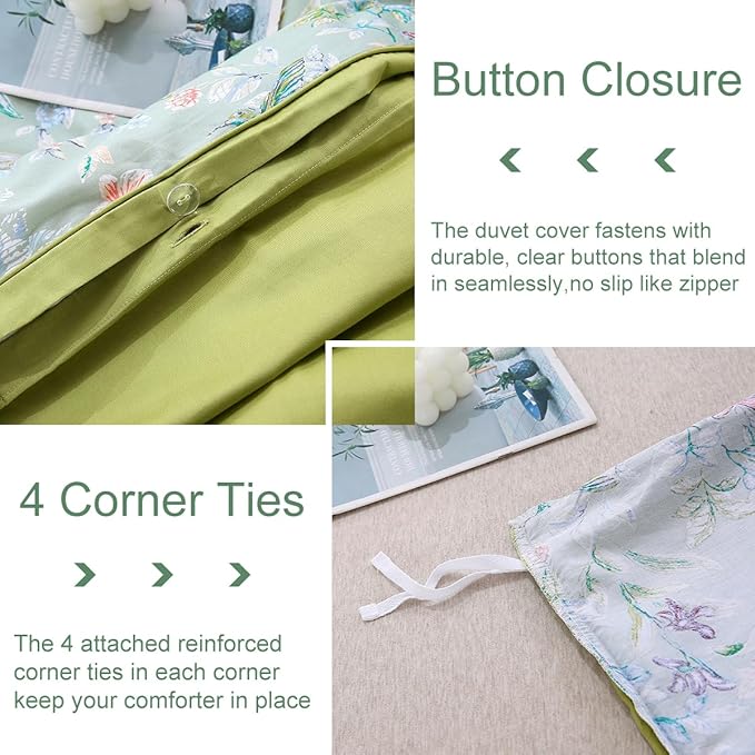 URBONUR Green Floral Duvet Cover Set Full Size 100% Egyptian Cotton Percale Bedding Set Farmhouse Butterfly Print Comforter Cover with Button Closure (3Pcs, Full)