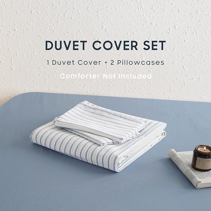 Wake In Cloud - Striped Cotton Duvet Cover Set, Ticking Stripe Vertical Pinstripe Farmhouse, 100% Washed Cotton Textured Percale Bedding Set, 3 Pieces, Blue White, Full Size