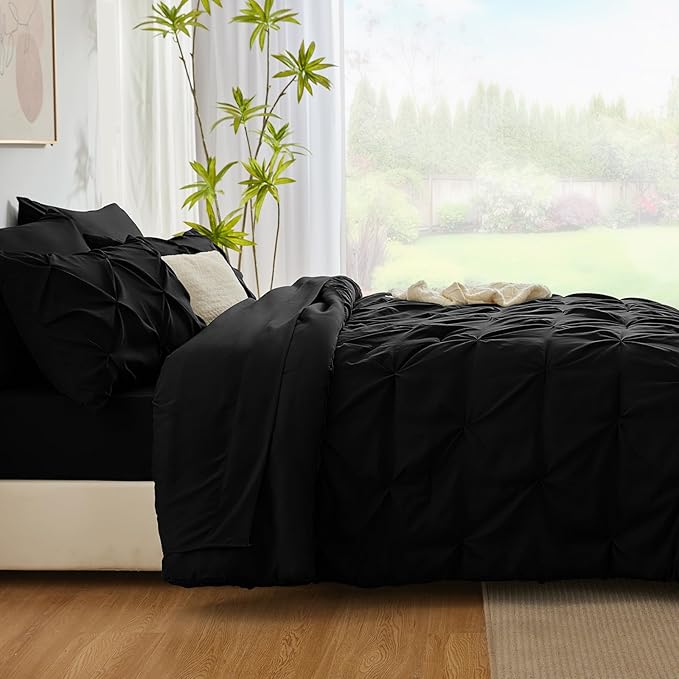 CozyLux King Size Comforter Set Black, 7 Pieces Pintuck Bed in A Bag Black Comforter King Size, Pinch Pleat Bedding Set with All Season Comforter, Sheets, Pillowcases & Shams