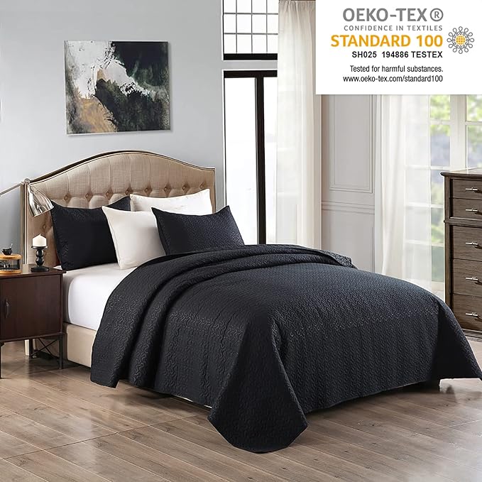 JML Quilts Set, Bedspread Coverlet Set with Pillowcases - 3 Piece Soft and Lightweight Bed Quilt for Spring, Autumn and Summer (Embossed Stripe - Black, Full/Queen(88"x92"))