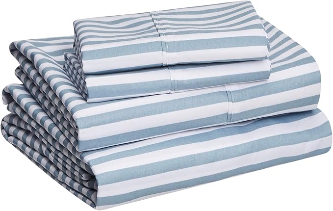 Amazon Basics Lightweight Super Soft Easy Care Microfiber 4 Piece Bed Sheet Set with 14-inch Deep Pockets - Queen,Dusty Blue Pinstripe,Printed,(Pack of 4)