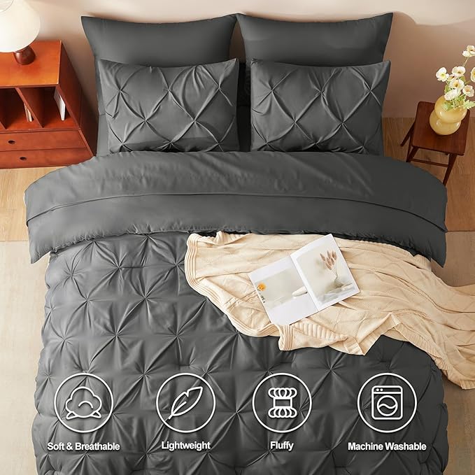 Oversized King Comforter Set Dark Grey, 7 Pieces Pintuck Bed in A Bag Oversized King Size Bedding, Soft Bed Set All Season Pinch Pleat Comforter Set with Sheets, Pillowcases & Shams