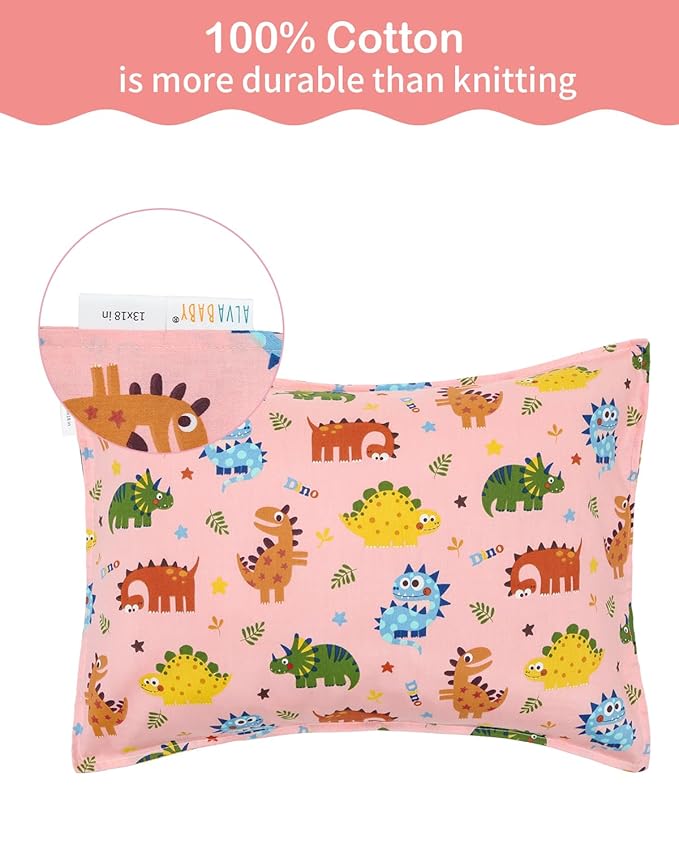 ALVABABY Toddler Pillowcases 2 Pack Organic Cotton Kids Pillow Cover Fit 13"x 18" or 14"x19" Envelope for Girl Sleepy Travel Elephant Pink Dinosaur 2TPW39A