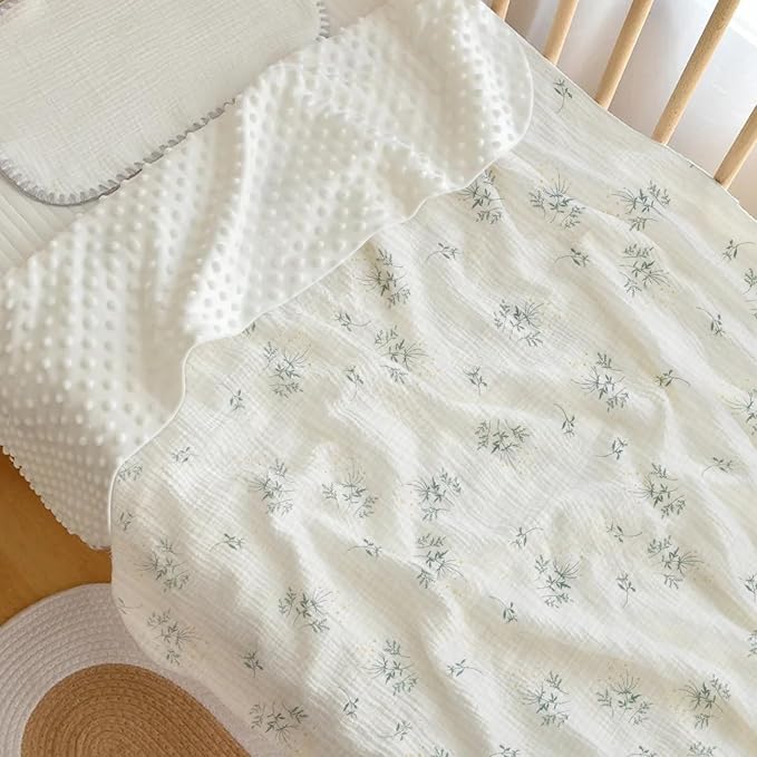 Cotton Muslin Front Fluffy-Backed Baby Swaddle Blankets Double Layer Nursery Plush Dotted Fleece Back Receiving Bed Quilt Blanket for Unisex Newborn Toddler Boys Girls 30 x 41 Inches