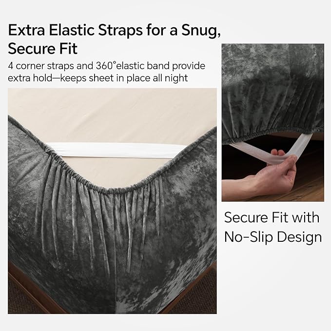 BEDELITE Velvet Fitted Sheet and Pillowcase Set, Luxury Soft Fuzzy Bottom Sheet with Reinforced Elastic Corner Straps, Deep Pocket up to 15 Inch, 1 Fitted Sheet and 1 Pillowcase (Twin, Grey)