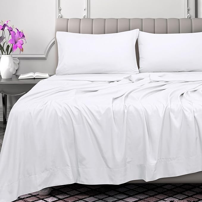 Royale Linens 300 Thread Count 100% Long Staple Combed Cotton Flat Sheet - Super Soft - Top Sheets - Full Flat Sheet Sold Separately - Breathable, Cool & Crisp Percale Sheets Only (Twin XL,White)