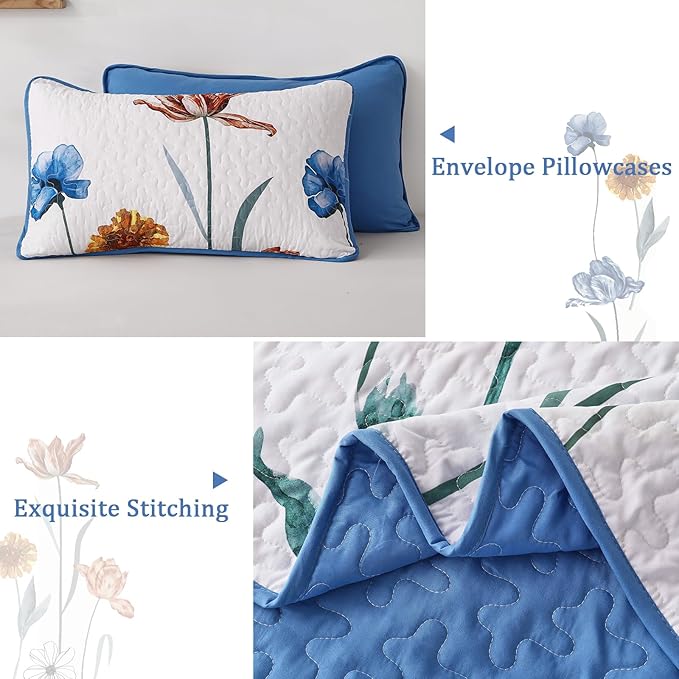 WONGS BEDDING Blue Quilt Set King Size,Cute Floral Botanical Bedspread Bedding Set with 2 Pillowcase,Lightweight Farmhouse Coverlet Set for All Season (104"x90")