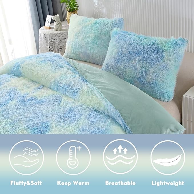 PERFEMET 3 Pcs Long Faux Fur Fluffy Full Comforter Sets Colorful Tie Dye Shaggy Furry Green Bedding Set for Girls Soft Plush Velvet Rainbow Bedding Quilt Set(Green, Full)