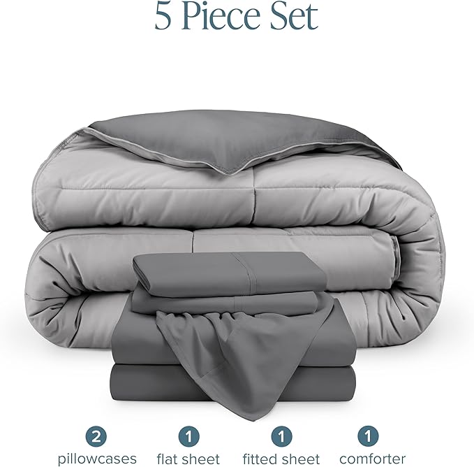 Bare Home Reversible Bed-in-A-Bag Comforter & Sheet Set - King - Down Alternative - Soft - Bedding Set (King, Grey/Light Grey)