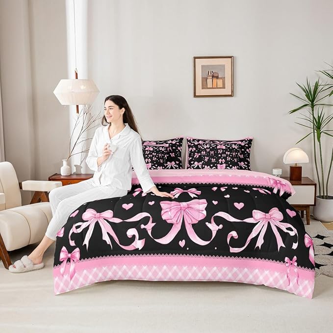 Feelyou Pink Bowknot Comforter Set Queen Size 7 Pieces Dreamy Princess Bedding Set for Kids Boys Girls Cute Bow Bed in a Bag with Comforter, Sheets, Pillowcases, Cushion Covers Love Hearts Quilted