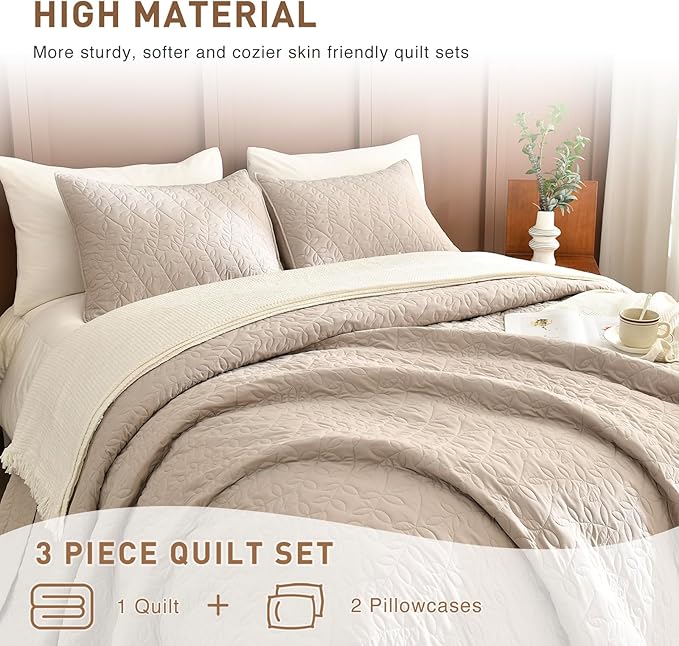 Lady Ann Queen Bedspreads 102x118 Leaves Pattern Printed Bedspreads & Coverlets, 3 Pcs Linen Feel Queen Quilt Set Lightweight & Soft Farmhouse Bedding Sets