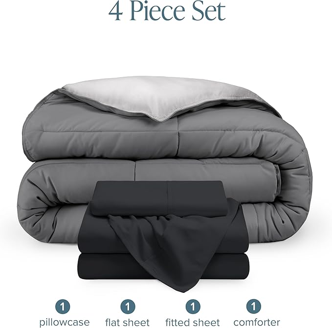 Bare Home Reversible Bed-in-A-Bag Comforter & Sheet Set - Twin - Down Alternative - Soft - Bedding Set (Twin, Grey/Light Grey, Black)