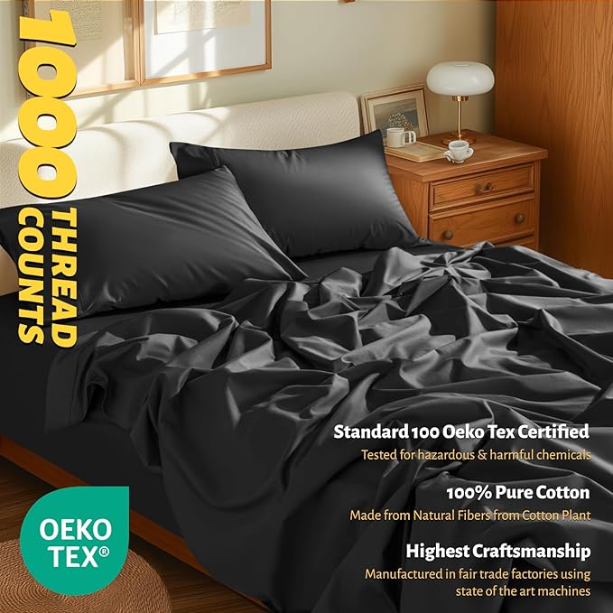 Shilucheng 100% Egyptian Cotton Sheets Set - 1000 Thread Count，Luxury Cotton Bed Sheets，Breathable & Cooling Bedding and Pillow Cases, 16 Inch Deep Pocket - 4 Piece (Black, Full)