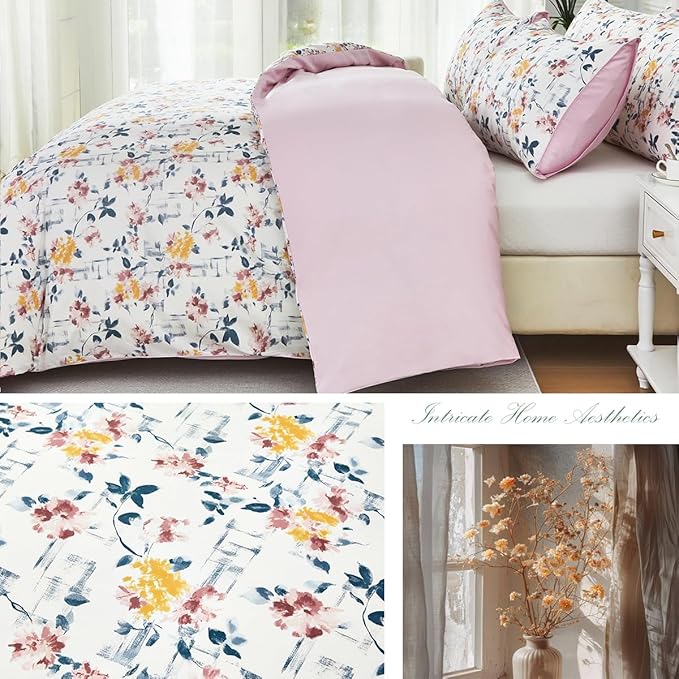 URBONUR Garden Floral Duvet Cover Set 100% Egyptian Cotton Silky Sateen Smooth Breathable Durable Soft Bedding Sets Purple Yellow Flowers Printed on White (3Pcs Full, 80''x90'')