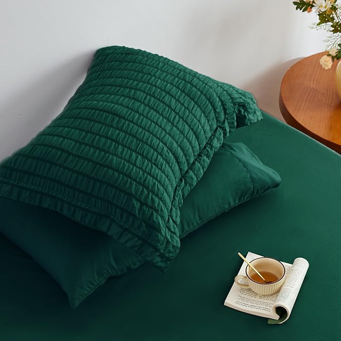 Love's cabin Seersucker Dark Green Twin XL Comforter Set, 5-Piece All Season Lightweight Bed in a Bag Bedding Set with Comforter, Flat Sheet, Fitted Sheet, Pillowcase and Sham | Soft, Breathable, Lightweight