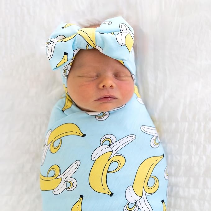 Little Sleepies Swaddle & Headband Bow Set, Viscose from Bamboo Baby Swaddles, Newborn Baby Girl Clothes (Luxe Bananas)