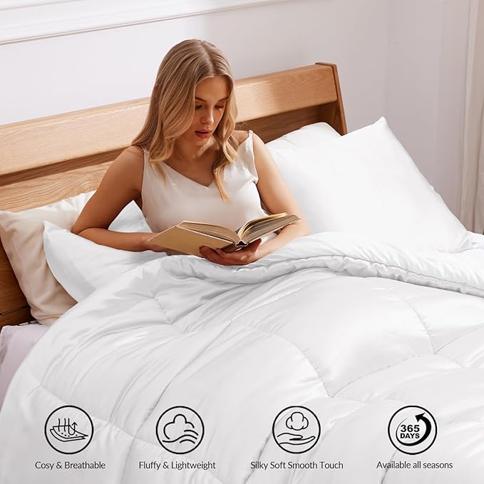 Whale Flotilla 3-Piece Reversible Silky Soft Queen Comforter Bedding Set, Luxurious Satin Comforters Full Size with 2 Satin Pillowcases, Lightweight Duvet for All Seasons, White