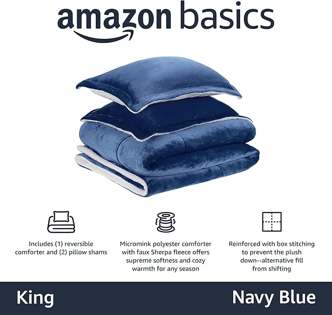 Amazon Basics 3 Piece Bedding Set, Micromink Sherpa, Ultra-Soft, Warm All Season Comforter, King, Navy Blue, Solid