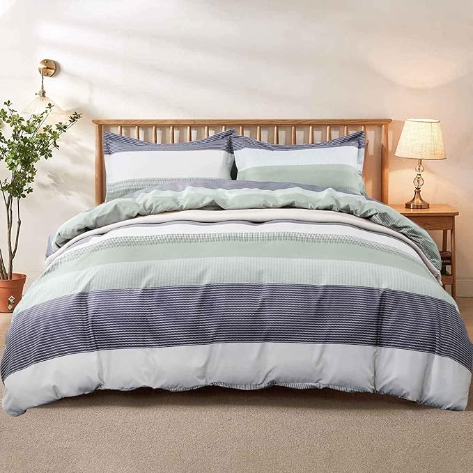 Nanko Duvet Cover Set Full Size 3pc 80x90 Gray Mint Green Striped Pattern Printed Luxury Microfiber Comforter Quilt Bedding Cover with Zipper Closure Ties - Modern for Men and Women Chambray