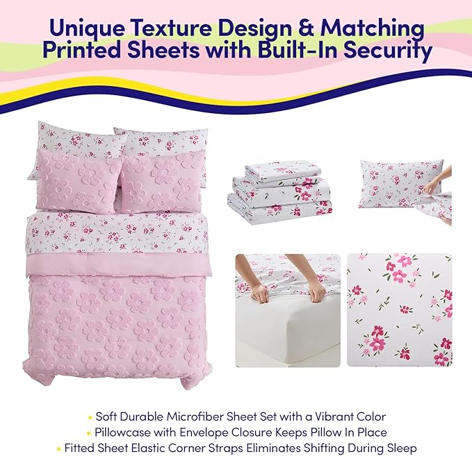 Kids Full Size Bed in a Bag Tufted Comforter & Sheet Set – Complete Bedding Set with Corner Strap Fitted Sheet, Ultra Soft Lightweight All Season Comforter, Girls Bedroom, Dorm, Guest Room